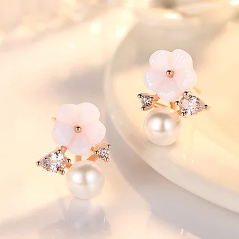 Argint 925 moda pearl cristal flori doamnelor'stud cercei bijuterii femei Anti alergie picătură de transport maritim