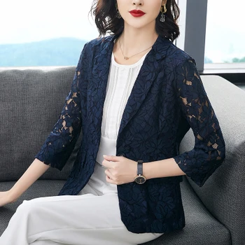 Vara 2020 Coreea Bleumarin Din Dantela Gol Afară Doamnelor Jachete Elegante Plus Dimensiune Sacou Subțire Mantou Pentru Femei Sexy Blazer Supradimensionat