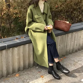 Buzunar Bandaj Solid De Culoare Cald Palton De Toamna Si Iarna Elegant Sacou Lung 2021 Femei De Moda Haina Verde Gri Uza
