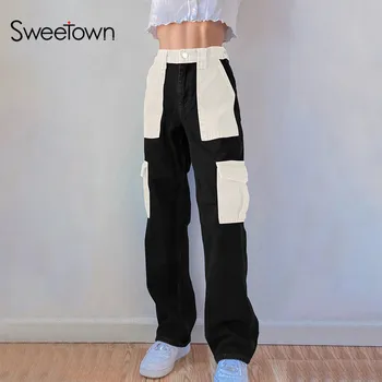 Sweetown Mozaic de Culoare Bloc Blugi Largi Femei Street Style de Înaltă Talie Pantaloni de Marfă Y2K Estetic ' 90 Drept Pantaloni din Denim