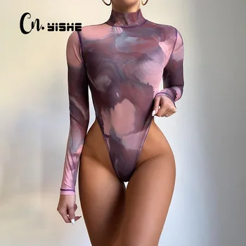 CNYISHE 2021 Maneca Lunga Guler Skinny Body Primăvară Femei Salopete Sexy Tie Dye Print Romper de sex Feminin Salopete-O singură Bucată