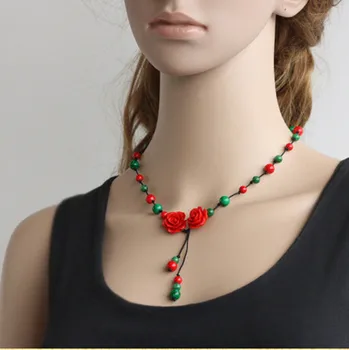 Floare trandafir roșu verde margele colier handmade bijuterii etnice femei colier bijuterii de epocă cravată coliere 0535