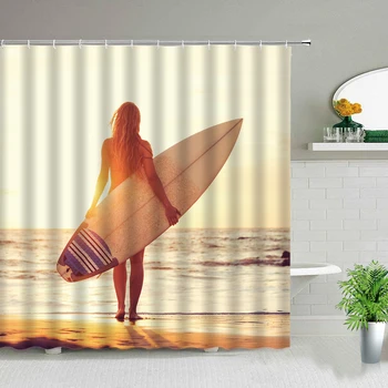 O Femeie Sexy, Perdele de Dus lumina Soarelui Fata de Plaja Peisaj 3D Imprimate Perdele de Baie rezistent la apa de Baie Acasă Decor Cu Cârlige