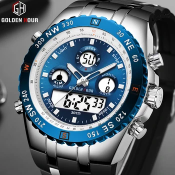 GOLDENHOUR Barbati Ceas de Lux de Top de Brand, Analogic Digital Cronograf Ceas de mână Moda Afișaj Dual Sport Impermeabil Ceas