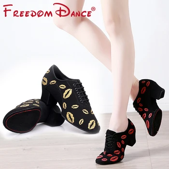 New Sosire Femei dansurile de Bal Pantofi de Predare Pantofi Oxford Pânză 5cm Mijloc Toc Moale Respirabil Fete Tango Dans latino Pantof
