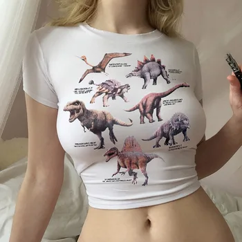 Harajuku Topuri de Cultură Dinozaur Imprimare Tricou Alb Femei Casual de Vara Crop Top Tricou Femme Maneci Scurte T-shirt 2020