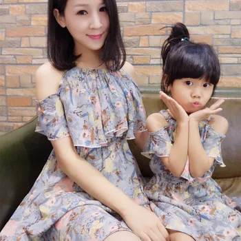 2019 stil de vara mama fiica rochii familia îmbrăcăminte mama și fiica dress șifon babymmclothes mami și cu mine haine