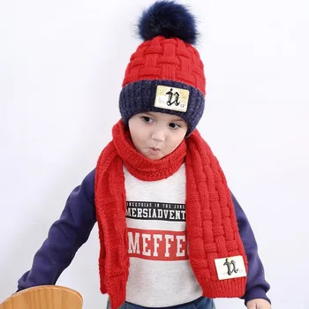 Doit pălării pentru copii pentru copii băiat Beanie seturi de blană în interiorul etichetare 2 buc băiatului fete de iarnă pălărie tricot eșarfă set