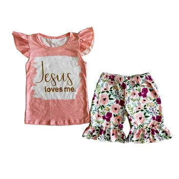 Vară Stil Nou Flutter Zburli Îmbrăcăminte Pentru Copii Set Fata Litere Design De Top Se Potrivesc Flori Pantaloni Scurți Copii Mici Cu Maneci Scurte Tinuta