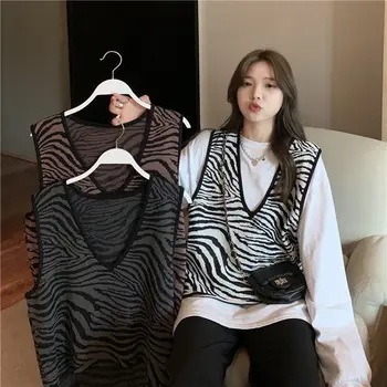 Pulover Tricotat Vesta Femei 2020 Toamna Coreeană Stil Vintage Zebra Cu Dungi V Gât Pulover Fără Mâneci Topuri Rezervor Vesta T544
