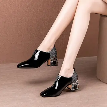 ALLBITEFO natura din piele tocuri înalte de moda Stras decorare pantofi cu toc elegant square toe tocuri femei
