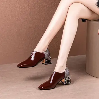 ALLBITEFO natura din piele tocuri înalte de moda Stras decorare pantofi cu toc elegant square toe tocuri femei