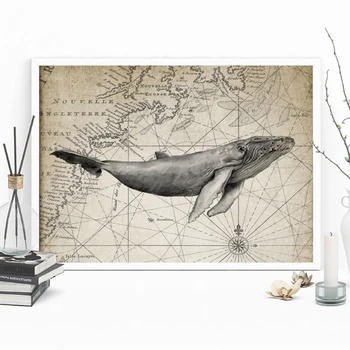 Balena Cu Cocoașă Imprimare Balena Ilustrație De Epocă Poster Marin Decor Nautic Arta Panza Pictura Poza Acasa Arta De Perete Decor
