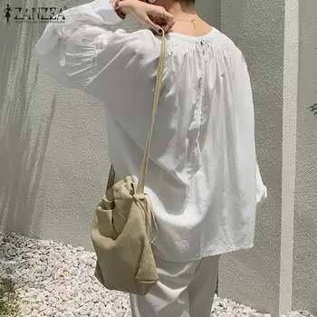 ZANZEA Casual Cutat Topuri Tunica de sex Feminin Munca Blusas 2021 Eleganta pentru Femei Bluza de Primavara Puf de Lungă Maneca Tricou Vrac Solid Combinezon