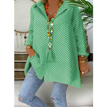 Primăvara și Vara Noi Polka Dot Print de Mari Dimensiuni Bluza Guler de Turn-down Topuri cu Maneci Lungi de culoare Roz Galben Verde Bluza Femei