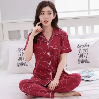 2019 Vara Bumbac Imprimare Seturi de Pijama pentru Femei, Maneca Scurta, Pijamale Pijama Pantaloni Lungi haine de casă Homewear Pijama Mujer Haine
