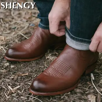 Omul de Vest Cowboy Boot Moda de Iarnă PU Piele Joase Cizme cu Toc Respirabil Chelsea în aer liber de la Jumătatea Vițel Cizme de Dimensiuni Mari 38-48