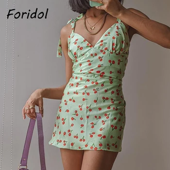 Foridol Cherry Imprimare Satin Rochie De Vara Femei Dantelă Curea Scurtă Vacanță Pe Plajă Dress V Gâtului Franceză Verde Cu Spatele Gol Rochie Mini