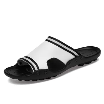 Barbati Din Piele Papuci Diapozitive Papuci De Casă Casual Pantofi De Vara Pentru Plaja Plat Palma În Aer Liber Chinelo Slide Masculino Alb Negru