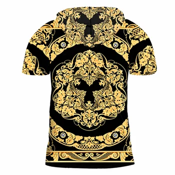 IFPD UE/SUA Dimensiunea Moda Barbati Golden Flower Print 3D cu Gluga tricouri de Vara pentru Barbati cu Maneci Scurte de Lux Regal Baroc Haine barbatesti