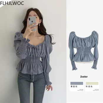 Chic Corea De Pe Umăr Topuri Blusas Femei 2021 Primăvară Solid De Culoare Papion Slim Talie O Linie Burta Peplum Scurt Tricouri Bluze