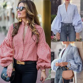 Moda Bluza Femei Topuri Si Bluze Lantern maneca cu dungi office casual V Gât Vrac Camasa Carouri Topuri ropa mujer plus