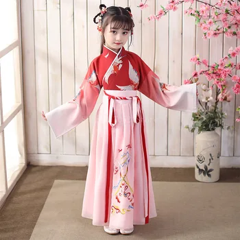 Costum Tradițional Chinezesc Copii Hanfu Rochie Macara Tipărite Zână Printesa Rochie De Fată Top+Fusta Set De Dansuri Populare Costum Copii