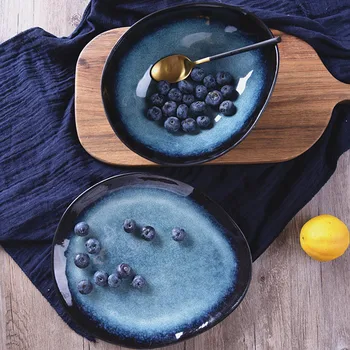 Rafinat Ceramice De Culoare Albastru Închis Friptura Plăci Nordic Ocean Serie Neregulate Mic Dejun, Gustări De Fructe Preparate De Bucatarie Decor De Birou