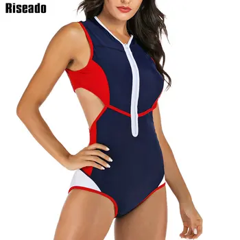 Riseado Rash Guard Costume de baie Sport Femei-O Bucată de costume de Baie 2021 Fermoar Costum de Baie Surf Costum de baie Negru Beachwear XXL