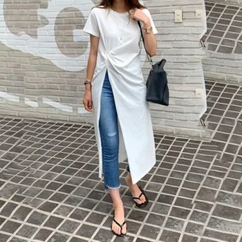 Slim fit alb clasic lung negru t-shirt design elegant laterală fantă femei de vara maneca scurta top teuri coreeană japonia tricouri casual