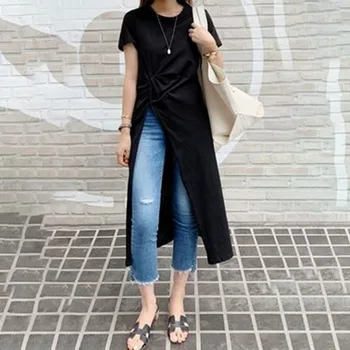 Slim fit alb clasic lung negru t-shirt design elegant laterală fantă femei de vara maneca scurta top teuri coreeană japonia tricouri casual