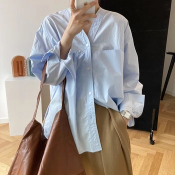 Toamna Toamna 2020 Stil coreean Simplu Nou Maneca Lunga Camasi Elegante Femei Topuri V-neck Buzunare Mari Proiectare Vrac Solid Bluza
