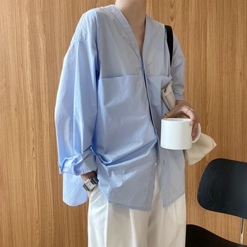 Toamna Toamna 2020 Stil coreean Simplu Nou Maneca Lunga Camasi Elegante Femei Topuri V-neck Buzunare Mari Proiectare Vrac Solid Bluza