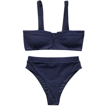 Femei Bretele Late Captusite Bandeau Bikini Set 2020 Înaltă Talie V-Neck Solid de Baie Beachwear Brazilian Biquini 2 culori en-Gros