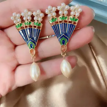 Retro stil Chinezesc Brosa stud perla diamant încrustat Brosa Cercel email picătură de ulei de Pin simplu NOU
