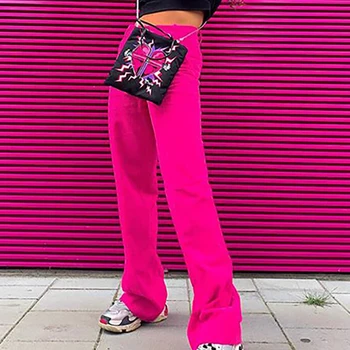 OMSJ 2019 Nou de Talie Mare Moda Streetwear Femei Solide Full Lungime Pantaloni Sudoare Pantaloni Talie Elastic Roz Neon Flare Fund
