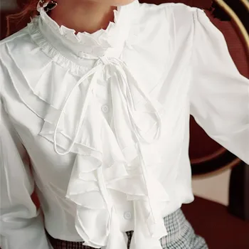 Supradimensionat 5XL Femei Lolita Camasa Maneca Lunga Stand Guler Șifon Bluze Cu Volane Doamnelor Arc Shirt Royal Stil Gotic Tricou