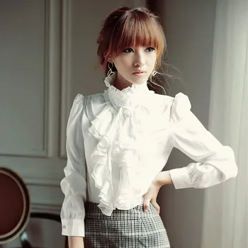 Supradimensionat 5XL Femei Lolita Camasa Maneca Lunga Stand Guler Șifon Bluze Cu Volane Doamnelor Arc Shirt Royal Stil Gotic Tricou